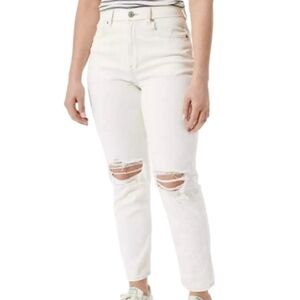 American Eagle Mom Jean Stretch Curvy Off White Wash High Rise Ripped Knee